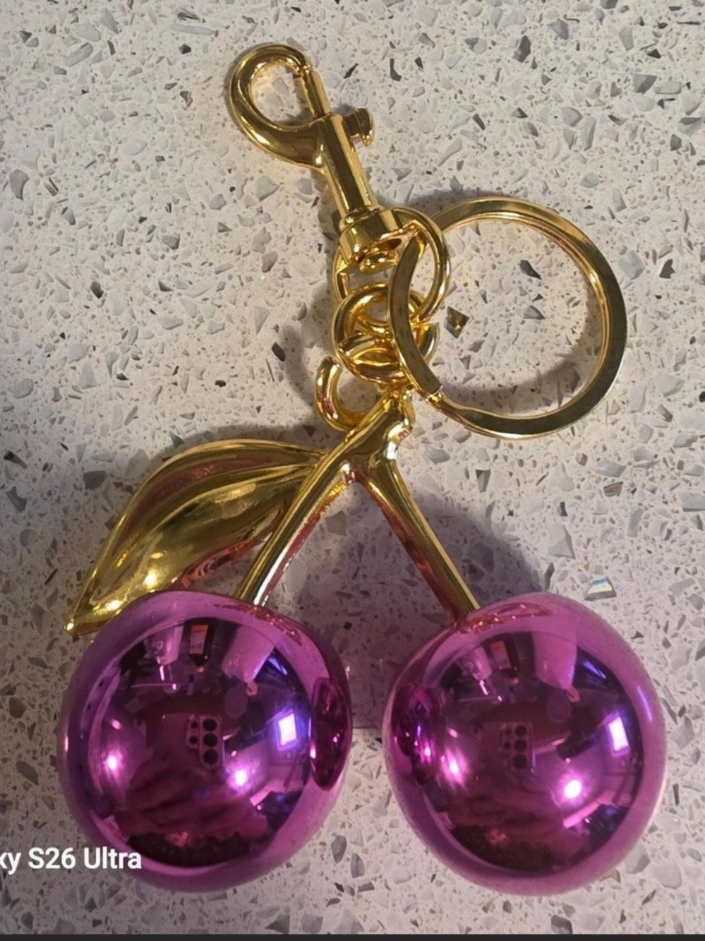 Gold Cherry Keychain with Pink Metallic Charms